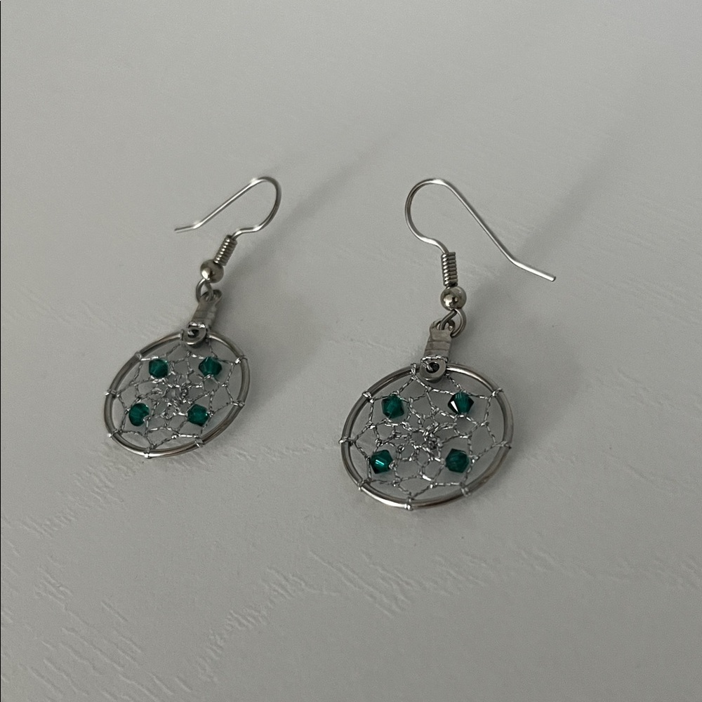 Silver Dreamcatcher Earrings with Green Accents